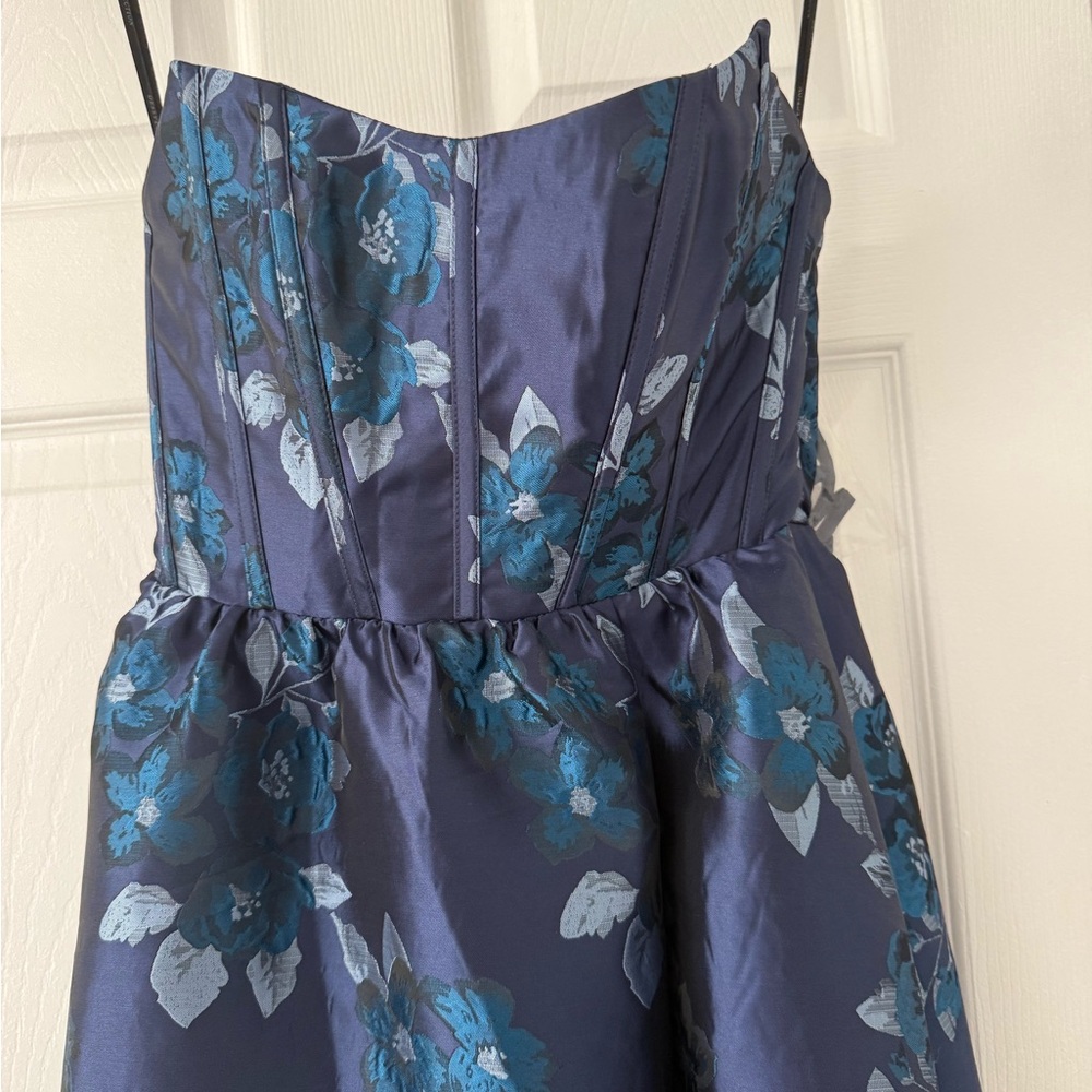 Dessy Collection ; Women's Navy Rose Damask Strapless Cat-Eye Bodice Maxi Dress - Picture 5 of 16